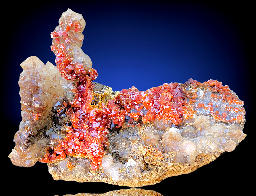 Calcite - Super-Lustrous Red Twinned Calcite Crystals, on Sparkly Matrix, from Santa Eulalia, cheapest Mexico